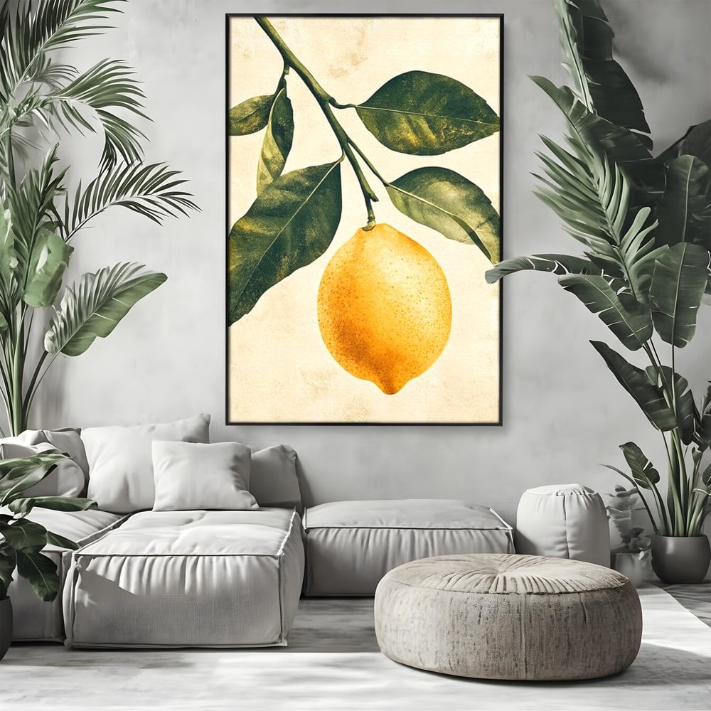Tablou canvas cu ilustratie botanica cu lamaie si frunze, in rama de aluminiu negru, pe perete intr-un living